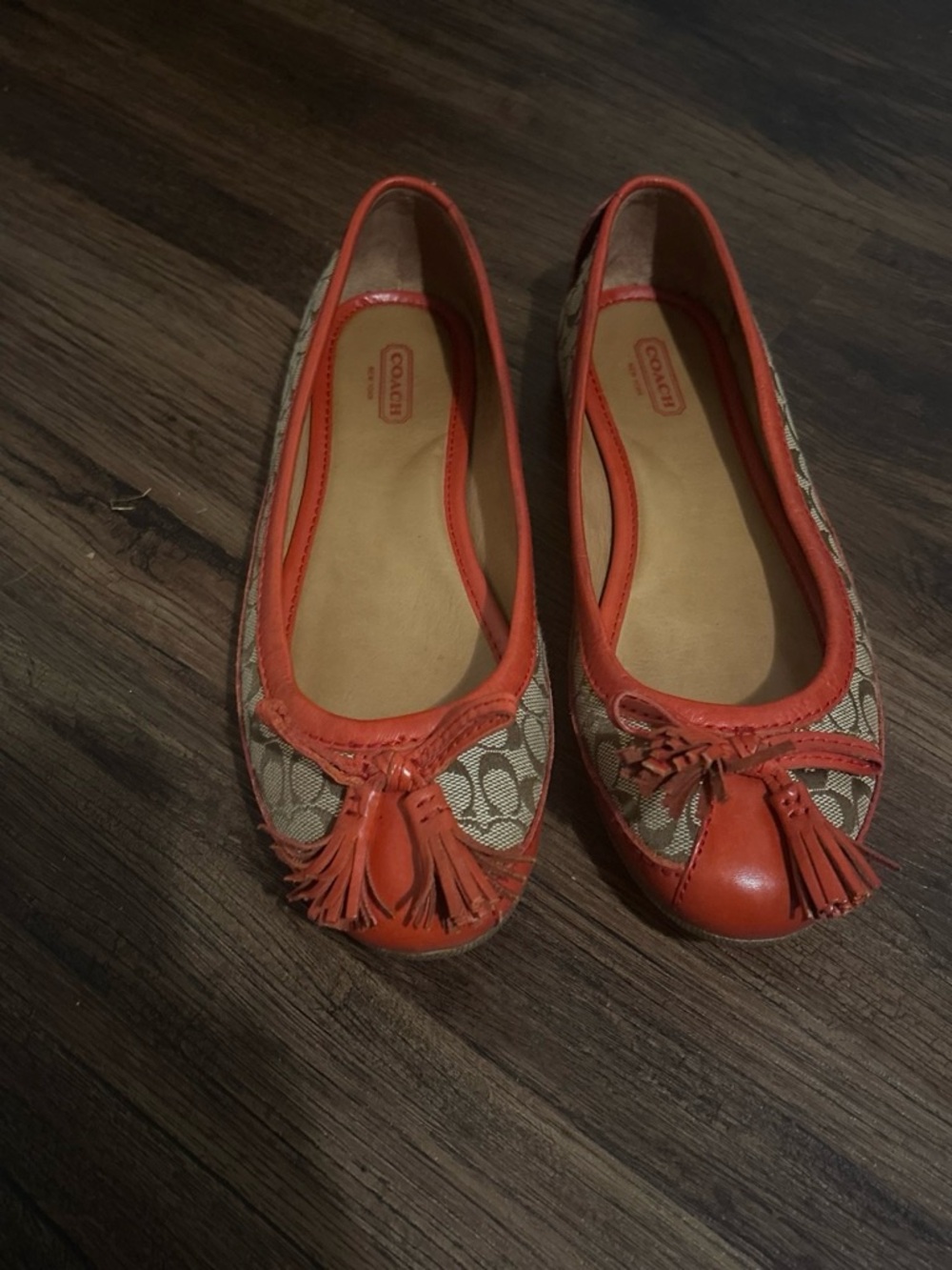 Coach Signature Canvas Ballet Flats with Orange Leather Trim